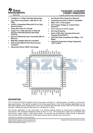 TLK1201AIRCP datasheet - ETHERNET TRANSCEIVERS