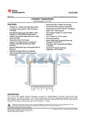 TLK1211 datasheet - ETHERNET TRANSCEIVERS