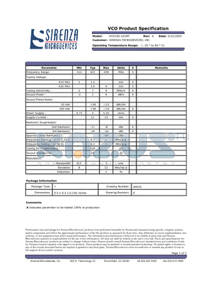 VCO190-422MT datasheet - VCO Product Specification