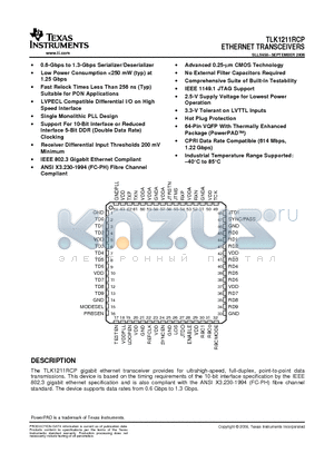 TLK1211RCPG4 datasheet - ETHERNET TRANSCEIVERS