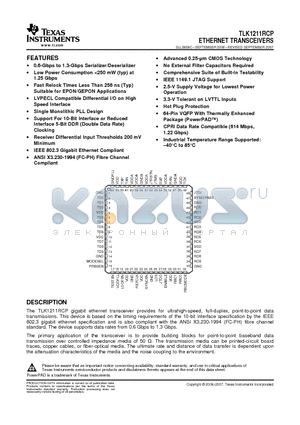 TLK1211RCPG4 datasheet - ETHERNET TRANSCEIVERS