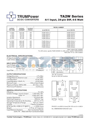 TA2W-4S2405 datasheet - DC/DC CONVERTERS 4:1 Input, 24-pin DIP, 4-6 Watt