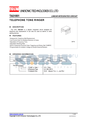 TA31001 datasheet - TELEPHONE TONE RINGER