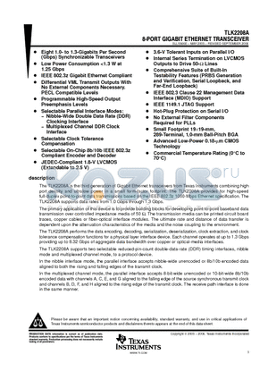 TLK2208AGPV datasheet - 8-PORT GIGABIT ETHERNET TRANSCEIVER