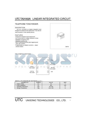 TA31002 datasheet - TELEPHONE TONE RINGER