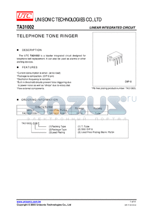 TA31002 datasheet - TELEPHONE TONE RINGER