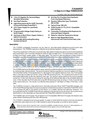 TLK2500IRCP datasheet - 1.6 Gbps to 2.5 Gbps TRANSCEIVER