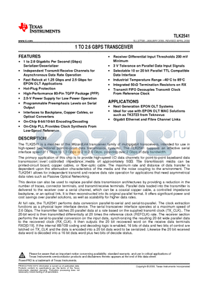 TLK2541 datasheet - 1 TO 2.6 GBPS TRANSCEIVER