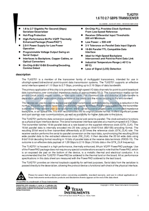 TLK2701 datasheet - 1.6 TO 2.7 GBPS TRANSCEIVER