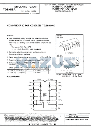 TA31101 datasheet - COMPANDER IC FOR CORDLESS TELEPHONE