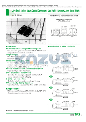 U.FL-LP-068 datasheet - Ultra Small Surface Mount Coaxial Connectors - Low Profile 1.9mm or 2.4mm Mated Height
