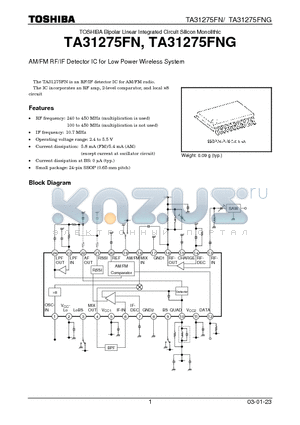 TA31275FNG datasheet - AM/FM RF/IF Detector IC for Low Power Wireless System