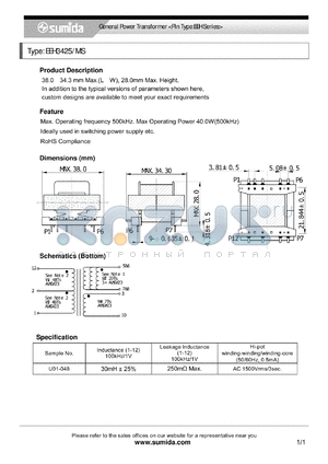 U01-048 datasheet - General Power Transformer <Pin Type:EEH Series>