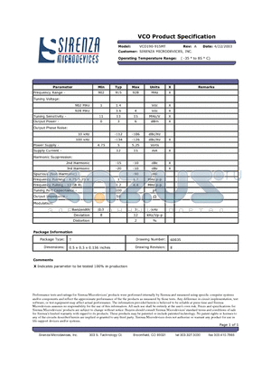 VCO190-915MT datasheet - VCO Product Specification