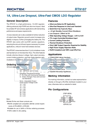 RT9187 datasheet - 1A, Ultra-Low Dropout, Ultra-Fast CMOS LDO Regulator