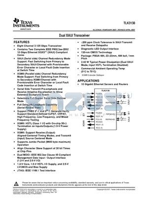 TLK3138 datasheet - Dual XAUI Transceiver