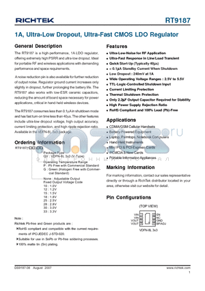 RT9187-12GQV datasheet - 1A, Ultra-Low Dropout, Ultra-Fast CMOS LDO Regulator