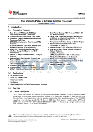 TLK6002 datasheet - Dual Channel 0.47Gbps to 6.25Gbps Multi-Rate Transceiver