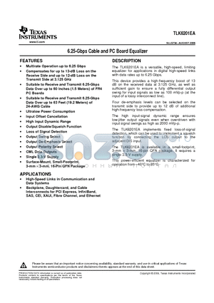 TLK6201EARGTRG4 datasheet - 6.25-Gbps Cable and PC Board Equalizer