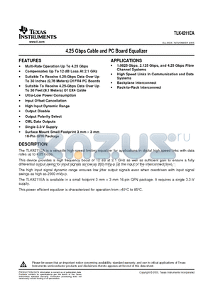 TLK4211EARGTTG4 datasheet - 4.25 Gbps Cable and PC Board Equalizer