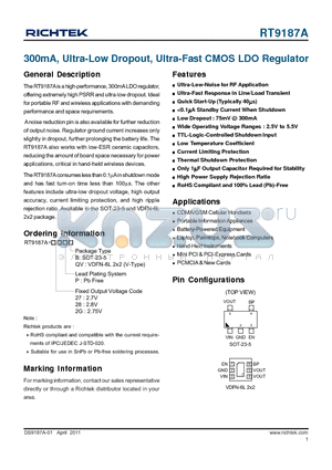 RT9187A datasheet - 300mA, Ultra-Low Dropout, Ultra-Fast CMOS LDO Regulator