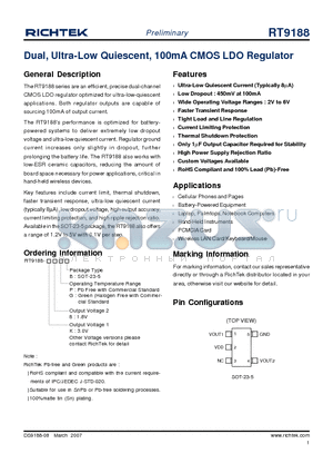 RT9188 datasheet - Dual, Ultra-Low Quiescent, 100mA CMOS LDO Regulator