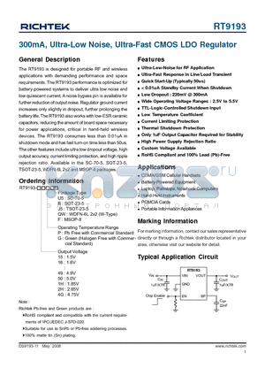 RT9193 datasheet - 300mA, Ultra-Low Noise, Ultra-Fast CMOS LDO Regulator