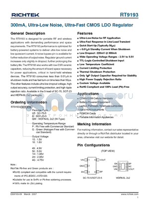 RT9193-15PB datasheet - 300mA, Ultra-Low Noise, Ultra-Fast CMOS LDO Regulator