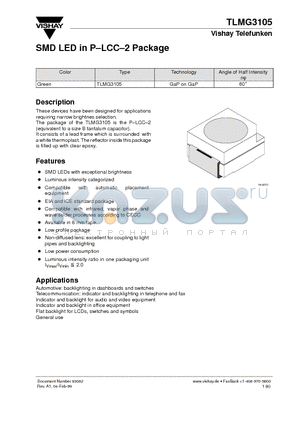 TLMG3105 datasheet - SMD LED in P-LCC-2 Package