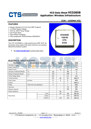 VCO3058 datasheet - 1520-1635MHz VCO