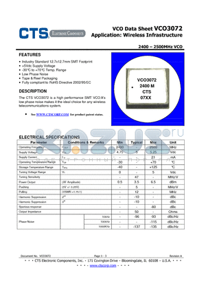 VCO3072 datasheet - 2400-2500MHz VCO