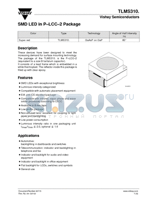 TLMS310. datasheet - SMD LED in P-LCC-2 Package