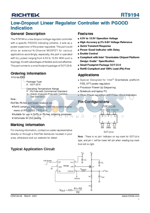 RT9194 datasheet - Low-Dropout Linear Regulator Controller with PGOOD Indication