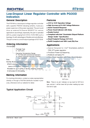 RT9194GE datasheet - Low-Dropout Linear Regulator Controller with PGOOD Indication