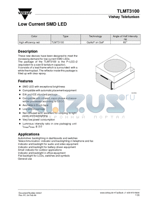 TLMT3100 datasheet - Low Current SMD LED