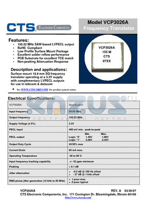 VCP3026A datasheet - Frequency Translator