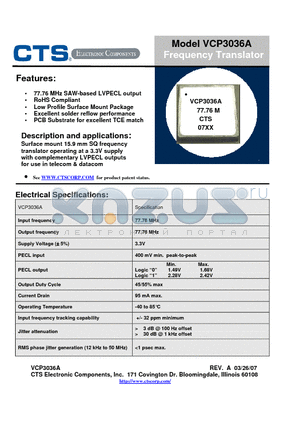 VCP3036A datasheet - Frequency Translator