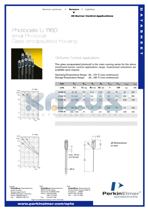 U1160 datasheet - small Photocell Glass encapsulated housing