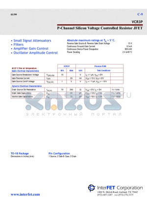 VCR3P datasheet - P-Channel Silicon Voltage Controlled Resistor JFET