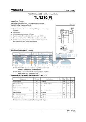 TLN210 datasheet - INFRARED LIGHT-EMISSION DIODE FOR STILL CAMERA LIGHT SOURCE FOR AUTO FOCUS