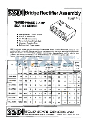 SDA113B datasheet - THREE-PHASE3 AMP BRIDGE RECITIFIER ASSEMBLY