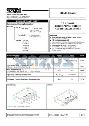 SDA113CLDB datasheet - THREE PHASE BRIDGE RECTIFIER ASSEMBLY