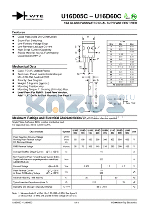 U16D50C datasheet - 16A GLASS PASSIVATED DUAL SUPEFAST RECTIFIER