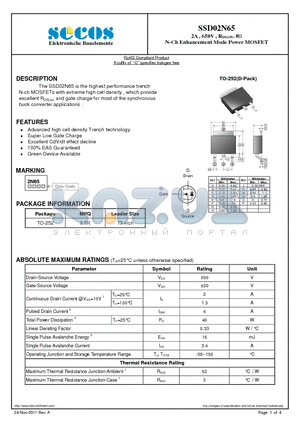 SSD02N65 datasheet - 2A , 650V , RDS(ON) 8 N-Ch Enhancement Mode Power MOSFET