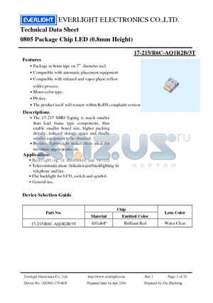 U17-215-R6C-AQ1R2B-3T datasheet - 0805 Package Chip LED (0.8mm Height)