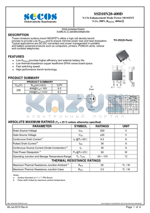 SSD10N20-400D datasheet - N-Ch Enhancement Mode Power MOSFET