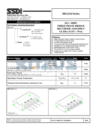 SDA116K datasheet - THREE PHASE BRIDGE RECTIFIER ASSEMBLY ULTRA FAST