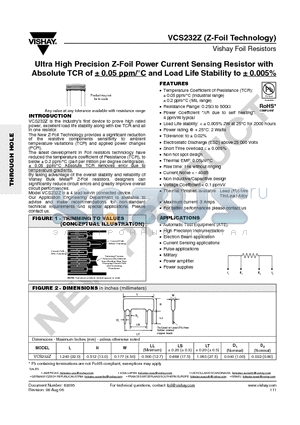 VCS232Z datasheet - Ultra High Precision Z-Foil Power Current Sensing Resistor with Absolute TCR of a 0.05 ppm/`C and Load Life Stability to a 0.005%