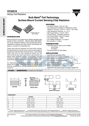 VCS2516 datasheet - Bulk Metal Foil Technology Surface Mount Current Sensing Chip Resistors