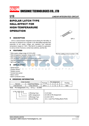 U18L-G03-D-K datasheet - BIPOLAR LATCH TYPE HALL-EFFECT FOR HIGH-TEMPERARURE OPERATION